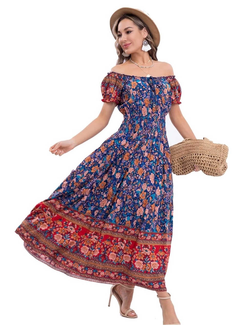 OFF SHOULDER Bohemian floral border print cottagecore maxi summer dress Size XL
